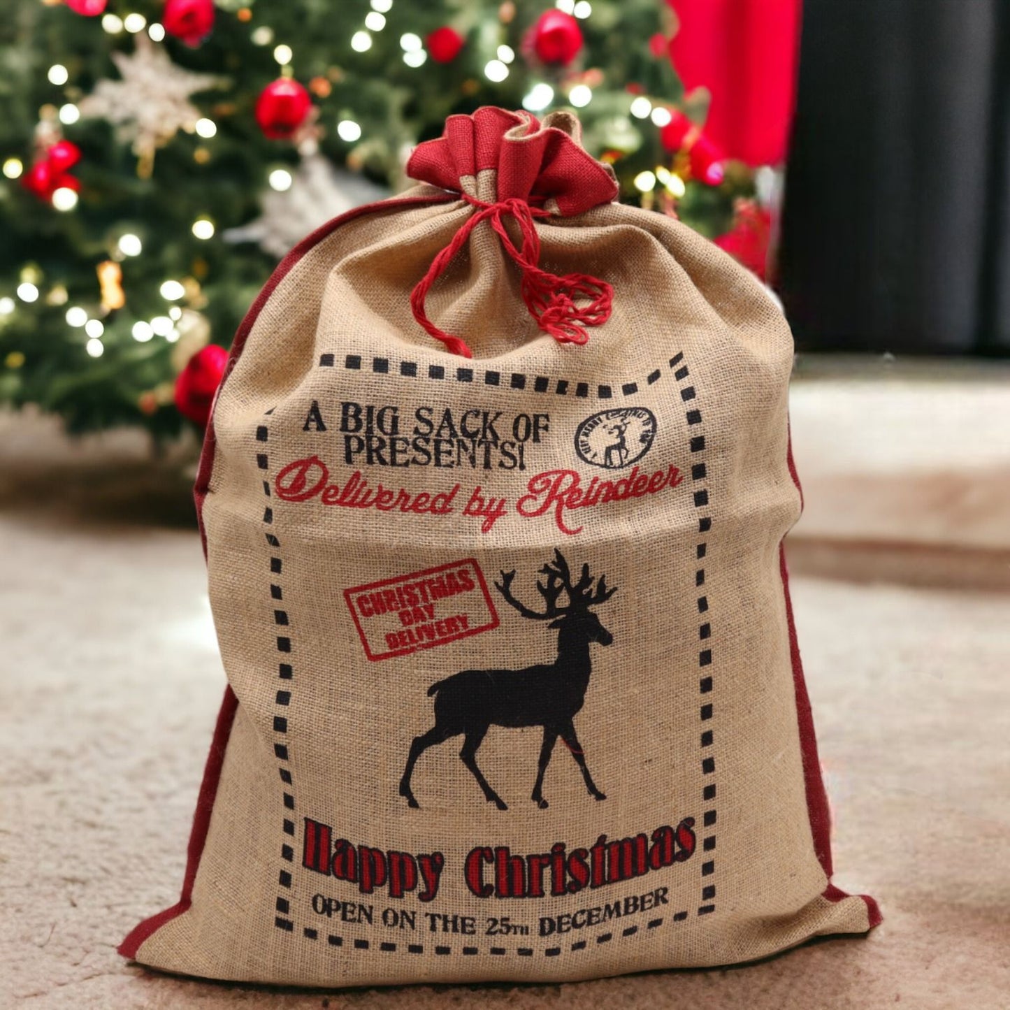 Christmas Present Jute Sack/Stocking 'Delivered By Reindeer'
