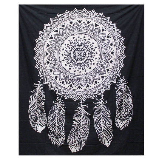 Black & White Double Cotton Bedspread + Wall Hanging - Dreamcatcher
