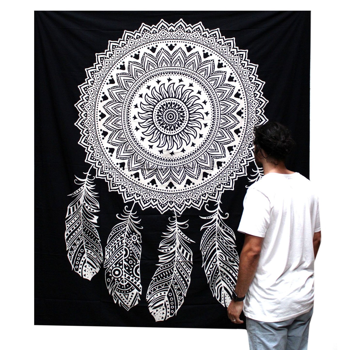 Black & White Double Cotton Bedspread + Wall Hanging - Dreamcatcher
